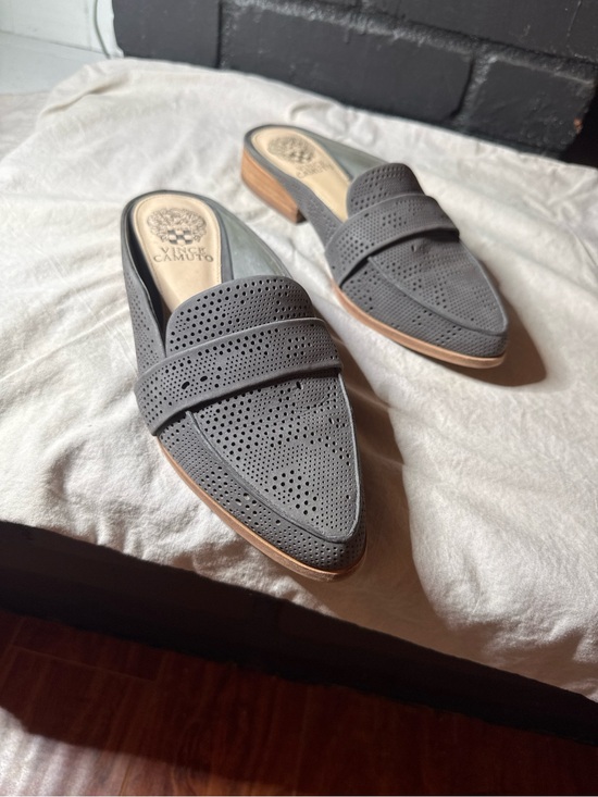Vince Camuto Shoes - Vince Camuto Grey Perforated Pointed Mule Loafers